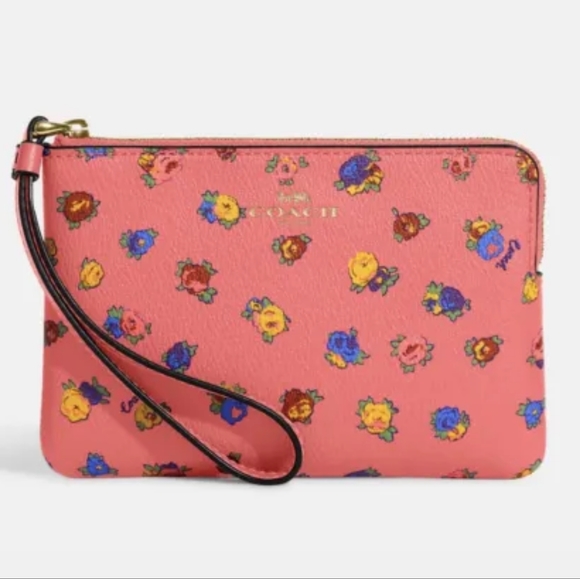 😺COACH Wristlet Corner Zip with Mini Vintage Rose Print in Gold/Pink Lemonade - Picture 7 of 15